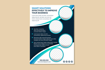 Poster - Flyer template design with example headline is smart solutions for your business. Curve for space of photo collage and text. Advertising banner with vertical layout. white background and blue element.
