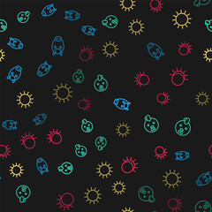 Sticker - Set line Horse zodiac, Rooster, Sun and Eclipse of the sun on seamless pattern. Vector