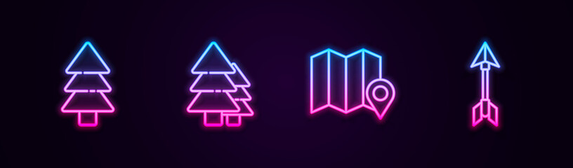 Sticker - Set line Tree, , Location of the forest on map and Hipster arrow. Glowing neon icon. Vector