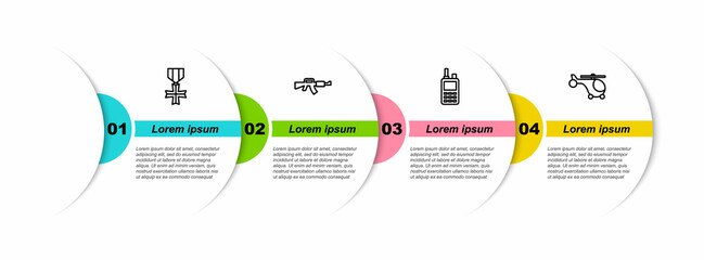 Set line Military reward medal, M16A1 rifle, Walkie talkie and Helicopter. Business infographic template. Vector