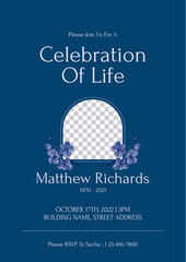 Wall Mural - Simple memorial and funeral invitation card template design, dark blue decorated with golden shower flowers