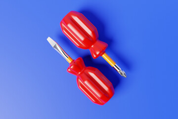 Wall Mural - 3D illustration of a screwdriver with a red handle in cartoon style on a blue isolated background. Hand carpentry tool for DIY shop.