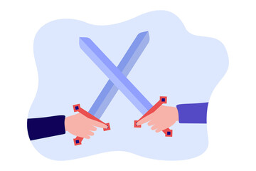 Wall Mural - business fight of two employees holding swords in hands. persons crossing weapon in conflict flat ve
