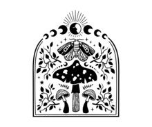 Mystical Mushroom Border Clip Art, Magic Hand Drawn Line Mushrooms Composition, Amanita Or Fly Agaric In A Row, Black And White Vector