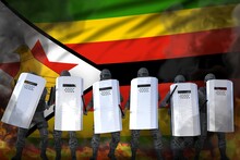 Zimbabwe Protest Fighting Concept, Police Swat In Heavy Smoke And Fire Protecting Country Against Demonstration - Military 3D Illustration On Flag Background