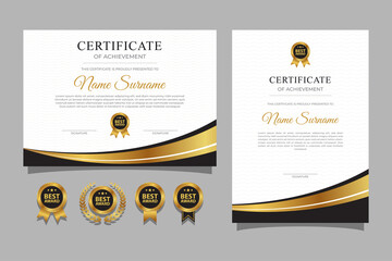 Black and gold certificate with badge and border vector a4 template