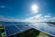 Leinwandbild Motiv Photovoltaic modules solar power plant on dramatic sunset sky background, Alternative power energy concept to enable sustainable growth and reduce global warming and climate change