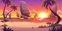 Sunset On Tropical Beach, Scenery Evening Landscape. Cartoon Background With Palm Trees, Plants Rocks And Sand On Seaside Under Beautiful Purple Sky With Sun Go Down Water Edge, 2d Vector Illustration