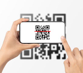 hand using mobile smart phone scan qr code. barcode reader, qr code payment, cashless technology, di