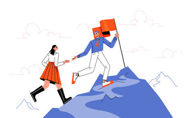 Business character leader help colleague climb rock top. Man and woman team on mountain peak with flag. Successful career, goal achievement, leadership, teamwork. Cartoon people vector illustration