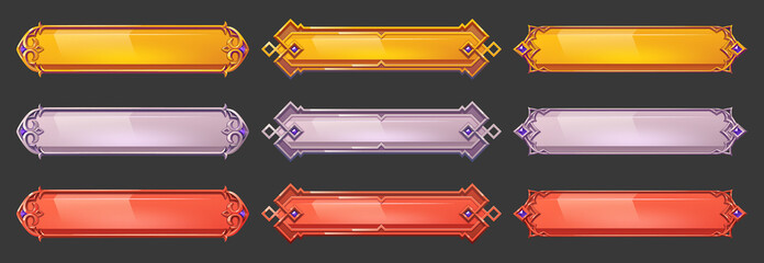 Poster - Medieval game menu frames, ui elements, buttons, gold, silver and red banners with ornate rims. Empty royal gui bars for rpg or arcade, borders, web design interface Cartoon 2d vector illustration set