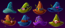 Witch Hats Cartoon Vector Set. Wizard Headwear, Magician Caps Decorated With Mushrooms, Plant Branches, Leaves, Eyeball Or Star. Halloween Party Costume For Sorceress Or Astrologer Isolated Collection