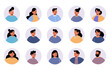 © klyaksun - People avatars, round icons with faces of young and adult male and female characters. Men or women with black hair color, human portraits for social media profiles, isolated line art flat vector set