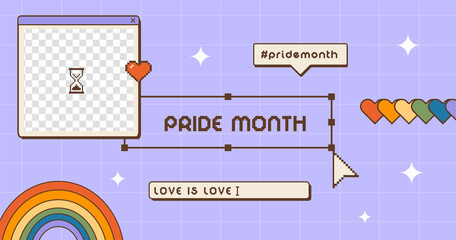 Poster - LGBT rights or social issues event celebration creative banner, vertical poster. Vector placard, advertisement, invitation, greeting or web landing page in trendy Y2K 90s style with rainbow and heart.