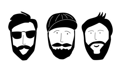 Wall Mural - Set. Fashionable, modern bearded men, hipsters with different haircuts and beards. Silhouettes, emblems, badges, labels. Vector illustration in doodle style.