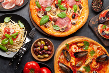 Italian Cuisine. Pizza, Pasta And Toasts