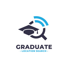 Wall Mural - Graduate hat, wifi and magnifying glass logo vector. Graduation ceremony venue finder technology logo template design concept.