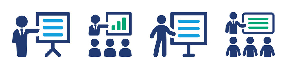 Poster - Businessman giving presentation to colleagues, vector. Presentation icon set.