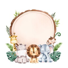 watercolor illustration safari animal frame template