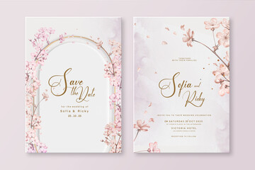 Wall Mural - Elegant Wedding Invitation Template with Pink Cherry Blossom