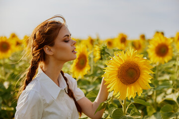 Wall Mural - woman with pigtails In a field with blooming sunflowers countryside