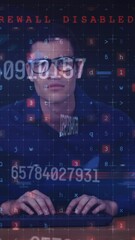 Animation of computer writings, numbers and caucasian male programmer on black background