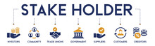 Banner Of Stakeholder Relationship Web Icon Vector Illustration Concept For Stakeholder, Investor, Government, And Creditors With Icon Of Community, Trade Unions, Suppliers, And Customers