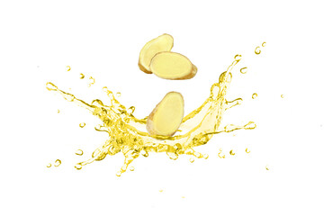 Sticker - Ginger tea or ginger oil splash isolated on white background.