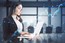 Businesswoman Using Laptop With Growing Forex Chart And Dot Map Hologram Hud On Blurry Office Interior Background. Investment, Stock Market And Financial Success. Double Exposure.