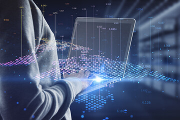 Poster - Hacker hand using laptop with abstract digital map and index lines on blurry interior background. Global infographic, hacking, theft, world and location concept. Double exposure.