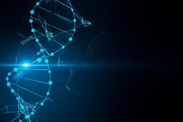 Poster - Abstract glowing DNA hologram on dark blue backdrop with mock up place. Science, medicine and biotechnology concept. 3D Rendering.