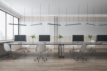 Aufkleber - Modern concrete coworking office interior with panoramic city view, wooden flooring, empty mockup computer monitors on desks and chairs. 3D Rendering.