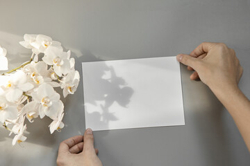 Hands are holding an empty white A5 form on a gray background. Layout top view