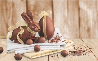 Canvas Print - Chocolate Easter eggs with chocolate bunny. Easter  holiday concept