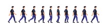 Full Walk Cycle Sequence Animation. Man In Motion, Going, Stepping Side View. Male Gait Phases, Positions. Casual Person Profile Moving. Flat Vector Illustrations Isolated On White Background