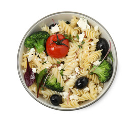 Bowl of delicious pasta with tomatoes, olives and broccoli on white background, top view