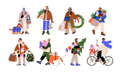 Wall Mural - People going with gift, bag, Xmas tree after winter shopping, preparing for Christmas holidays. Happy men, women in wintertime outdoors. Flat graphic vector illustrations isolated on white background