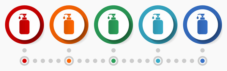 Aufkleber - Liquid soap concept vector icon set, infographic template, flat design circle colorful web buttons in 5 color options