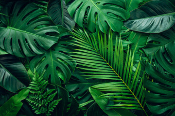 Fototapete - closeup nature view of palms and monstera and fern leaf background. Flat lay, dark nature concept, tropical leaf.