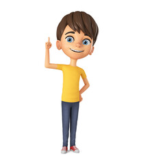 Wall Mural - Cheerful boy character in yellow t-shirt shows thumb up on white background. 3d render illustration.