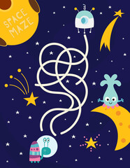  Space Maze game for children. Help Space Snail get to Spaceship. Vector illustration. Space labyrinth for kids activity book.