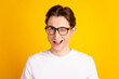 Photo of young handsome man good mood wink eye flirty date wear casual clothes isolated over yellow color background