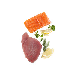 Fresh Salmon and Tuna isolated on white background with cut out