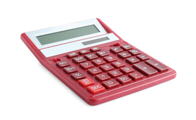 Red calculator on white background. Office equipment