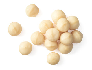 Wall Mural - Shelled Macadamia nuts isolated on white background, top view.