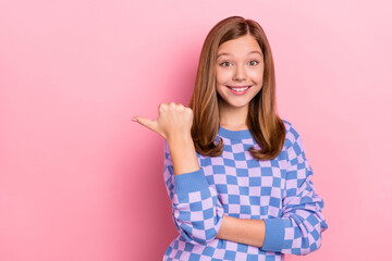 Poster - Photo of brown hairdo cute small girl index promo wear plaid sweater isolated on pink color background