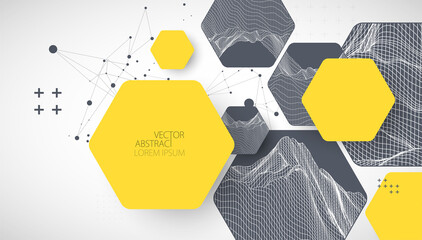 Wall Mural - Modern science or technology abstract background using hexagonal shapes. Wireframe spot surface illustration. Vector.