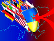 The Ukrainian shield with the support of the free world nations stands up against the Russian aggression. Vector illustration of a Ukrainian shield crushing on parts Russian aggression.