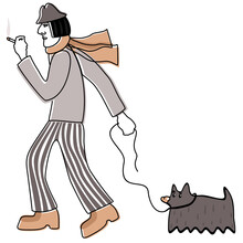 Vector Doodle Illustration Of Smoking Man In Fedora Hat And Scarf With A Dog.
