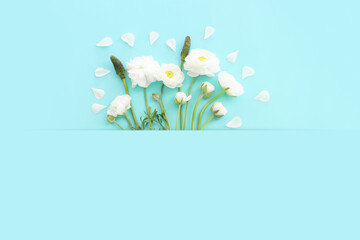 Wall Mural - Top view image of white flowers composition over blue pastel background